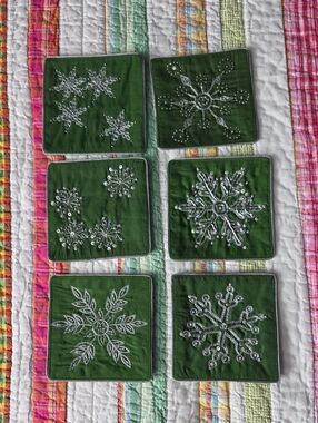 Crate & Barrel Dark Green Snowflake Coaster Set of 6